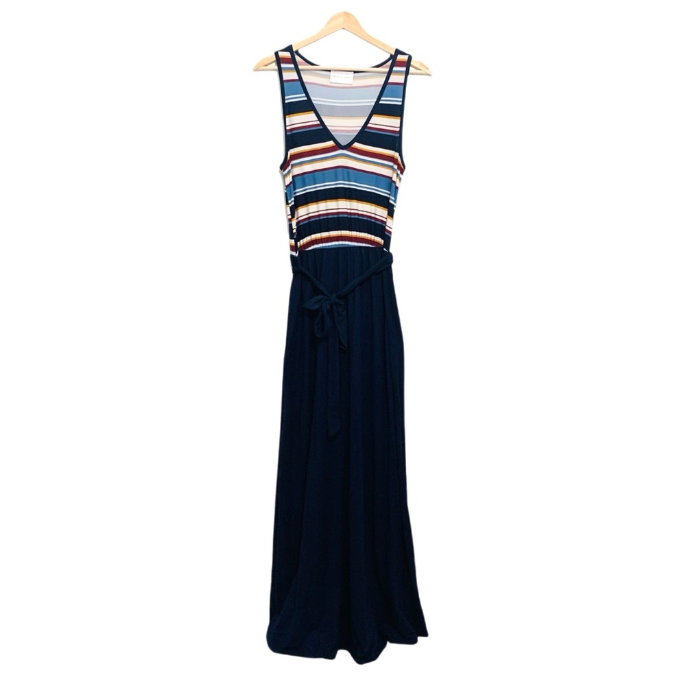 French Grey x Stitch Fix Maxi Dress Sleeveless V Neck Belted Blue Striped Small